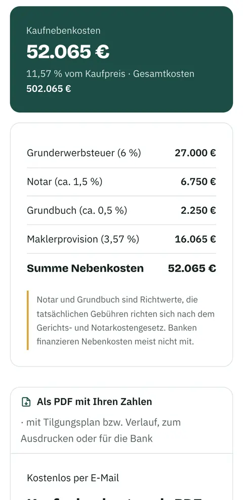 Kaufnebenkosten berechnen in der Heimziel-App