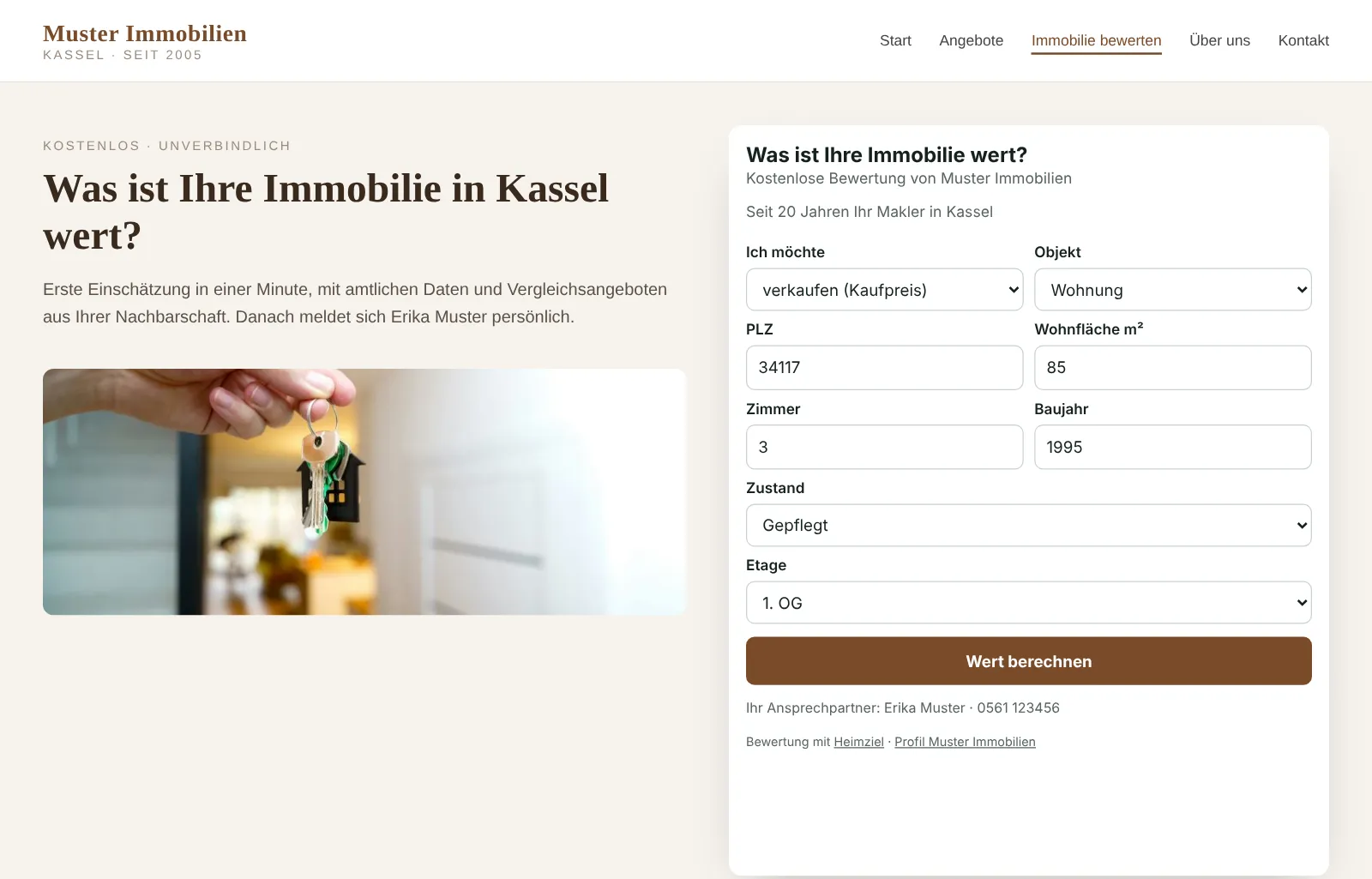 Beispiel-Website eines Maklers mit eingebautem Bewertungs-Widget von Heimziel